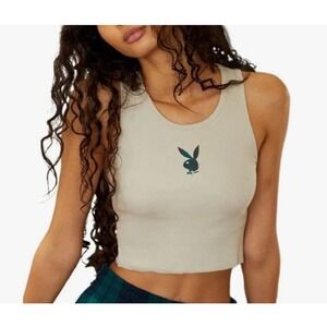 Playboy by PacSun Tan Ribbed Cropped Tank Top Green Plaid Bunny Logo XS